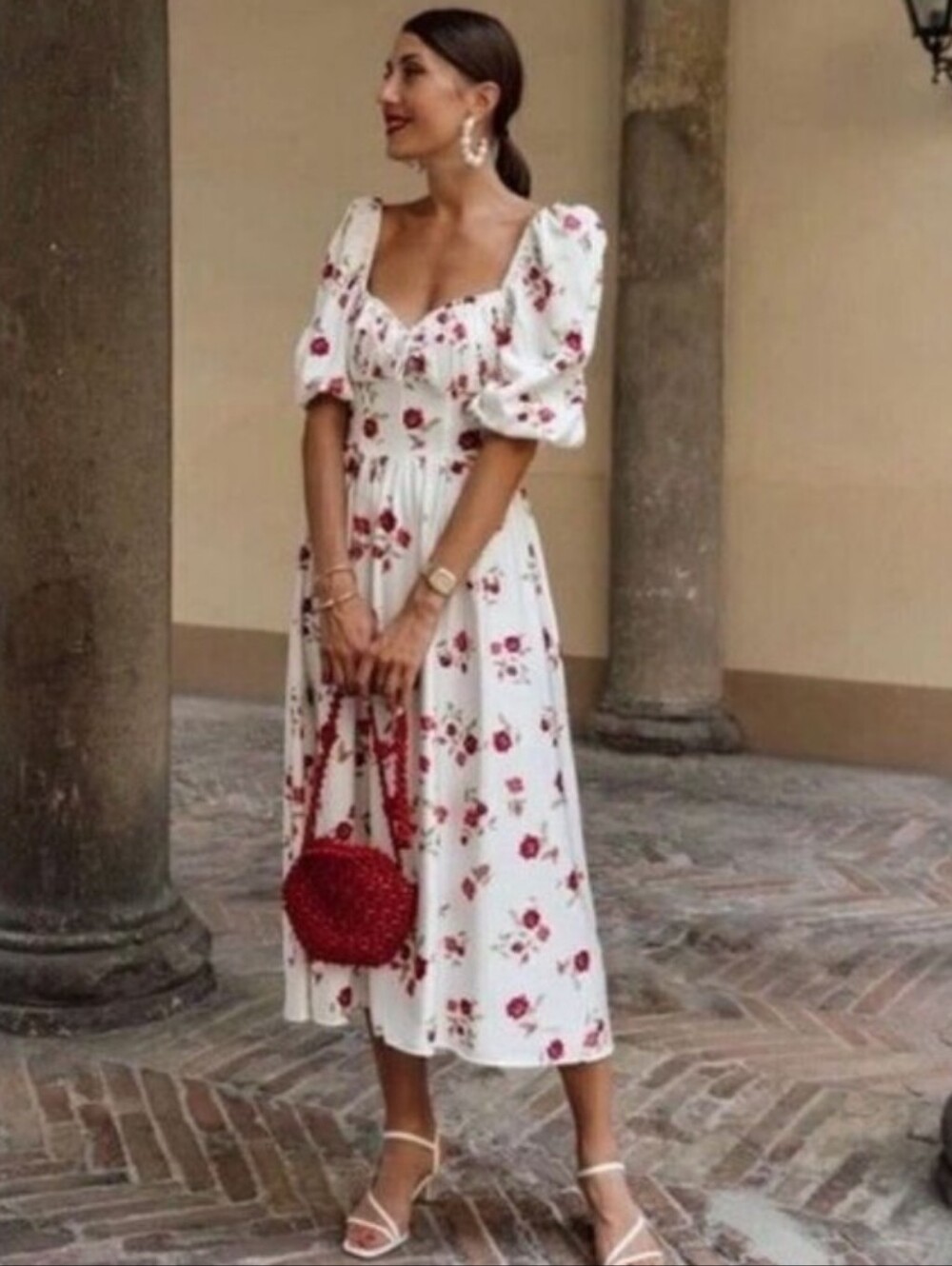 NEW For Love & Lemons Rosie Dress Midi White Red Floral Medium Long Sleeve
